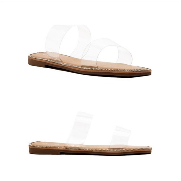 NEW Clear Sparkly Rhinestone Embellished Double Straps Slip On Slides Sandals - Picture 9 of 15